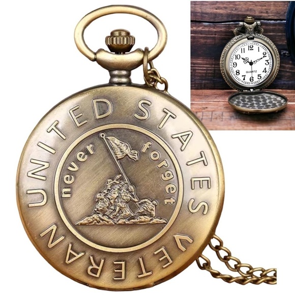 Pocket Watch with Chain Veteran Patriotic Flip Open USA Bronze Unisex Gift - Picture 1 of 16